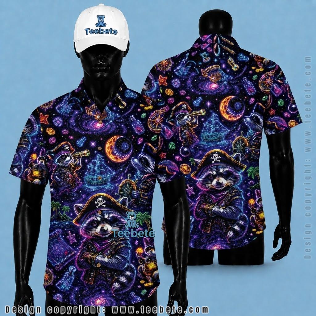 Raccoon Hawaiian Shirt Pirate Neon Purple
