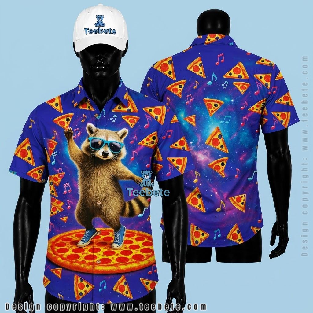 Raccoon Hawaiian Shirt Pizza Party Purple