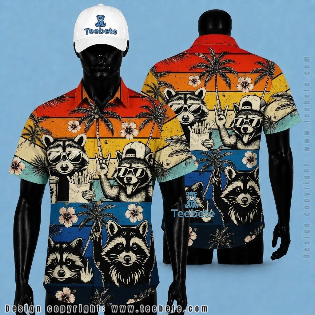 Raccoon Hawaiian Shirt Retro Sunset Cool
