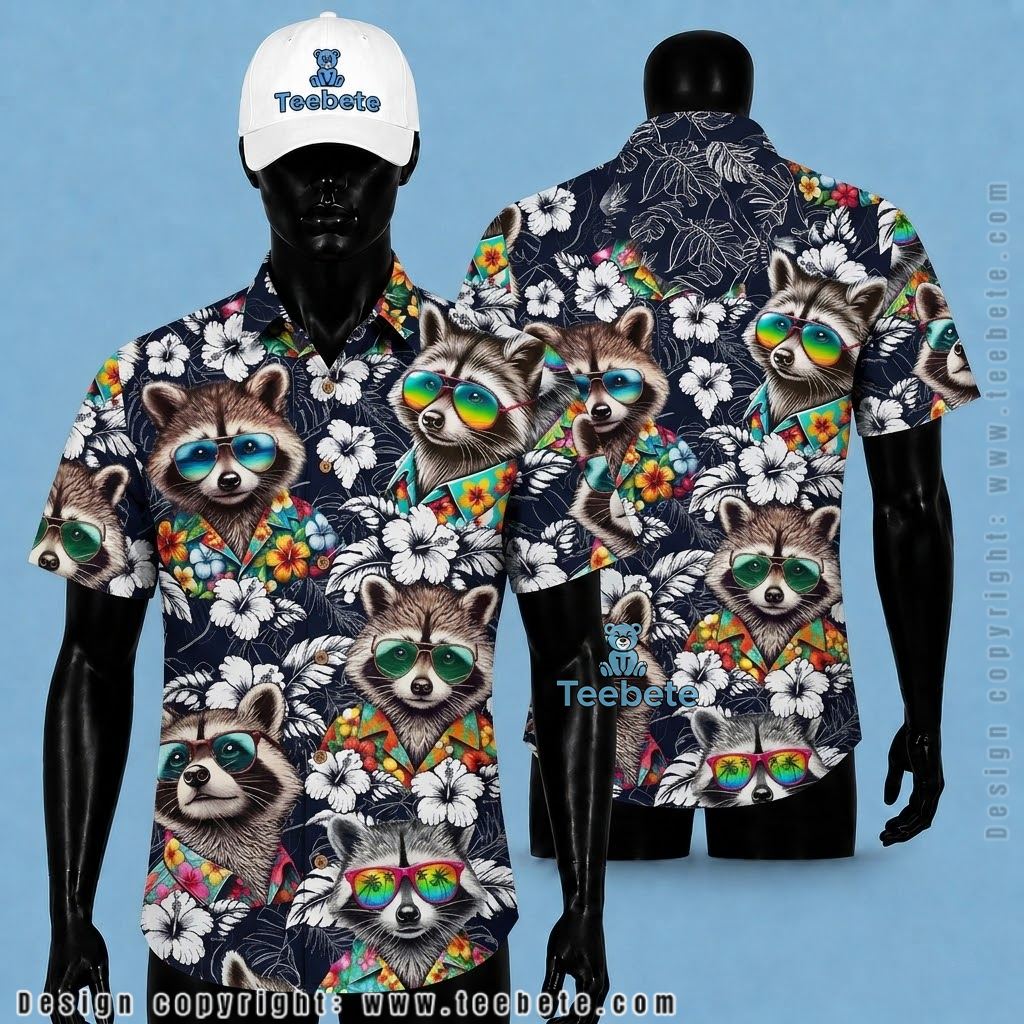 Raccoon Hawaiian Shirt Sunglasses Navy Floral