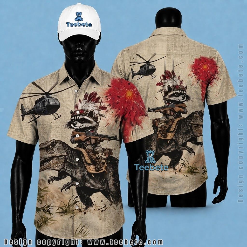 Raccoon Hawaiian Shirt Trex Warrior Beige