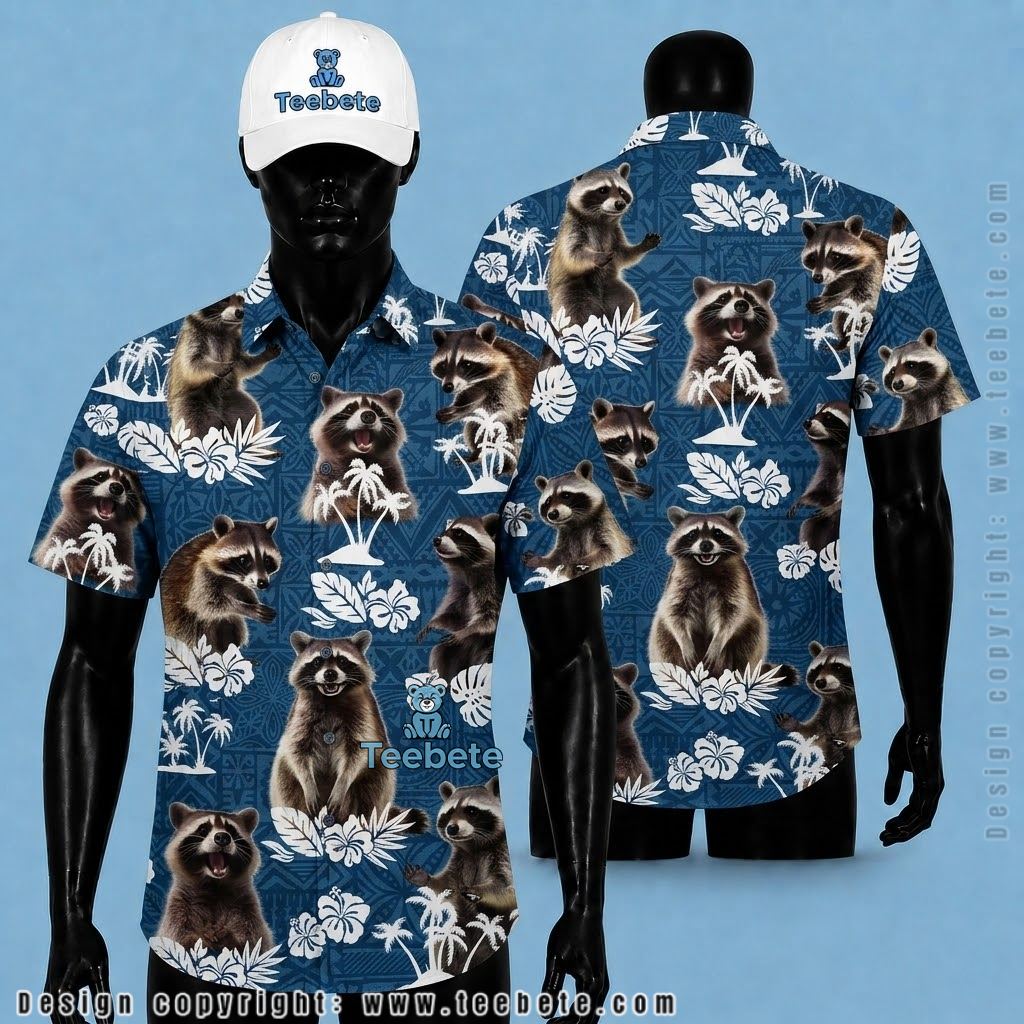 Raccoon Hawaiian Shirt Trex Warrior Beige