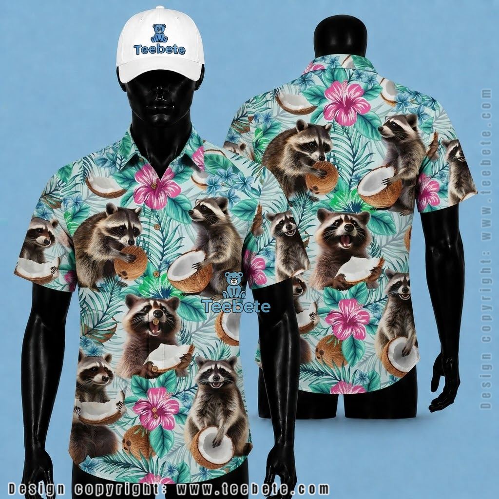 Raccoon Hawaiian Shirt Tribal Palm Blue