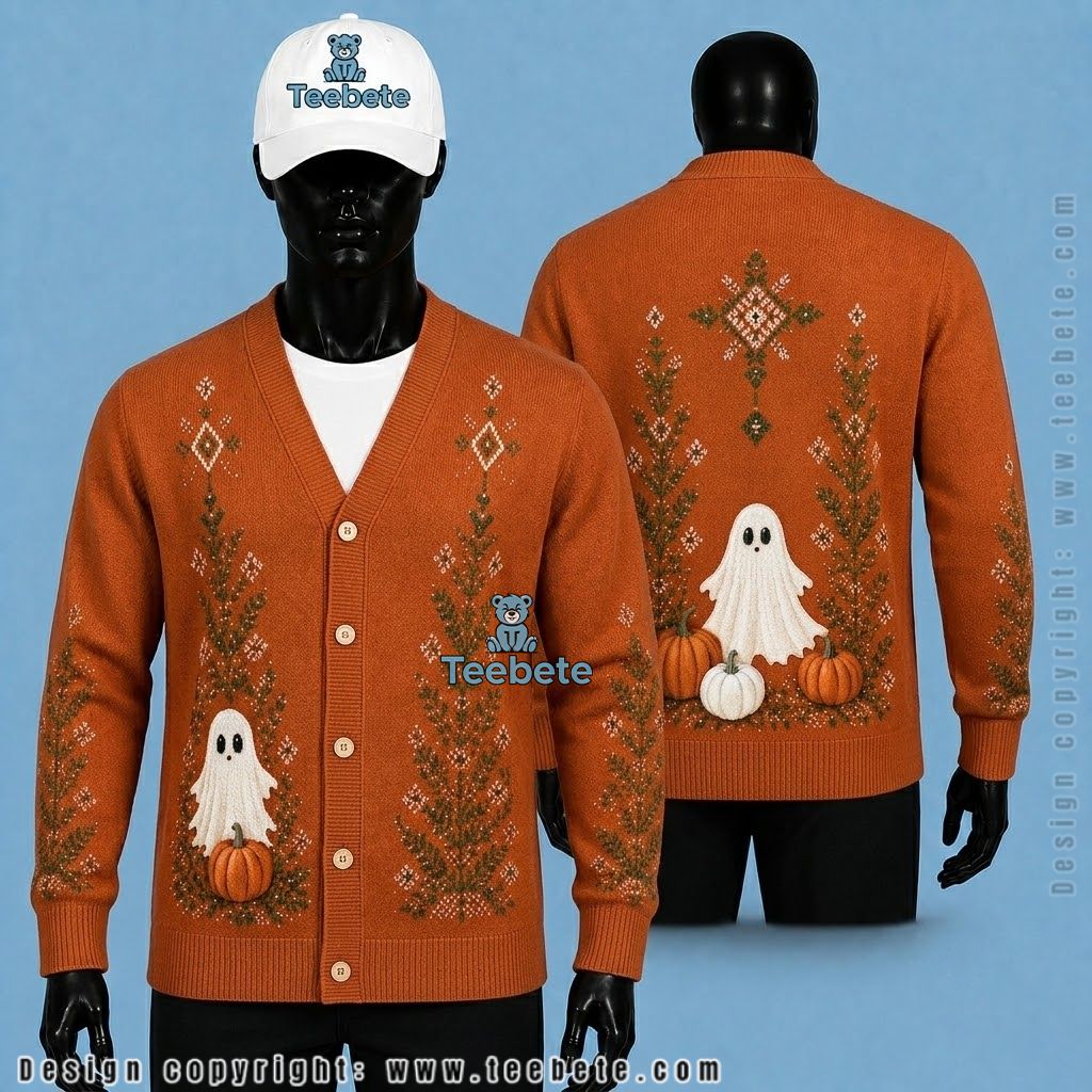Rust Halloween Cardigan Pine Pumpkin Ghost