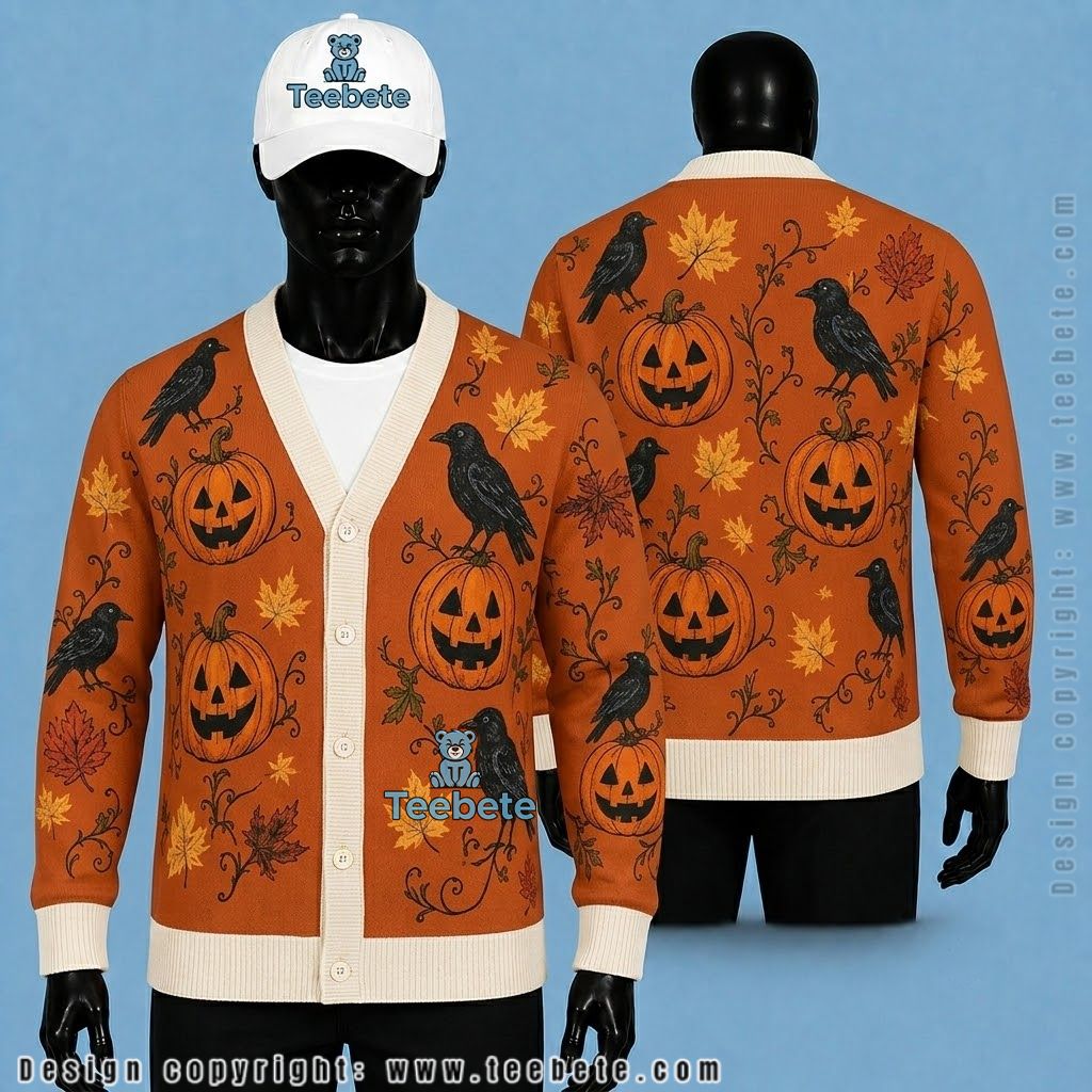Rustic Halloween Cardigan Crow, Pumpkin And Autumn Leaves