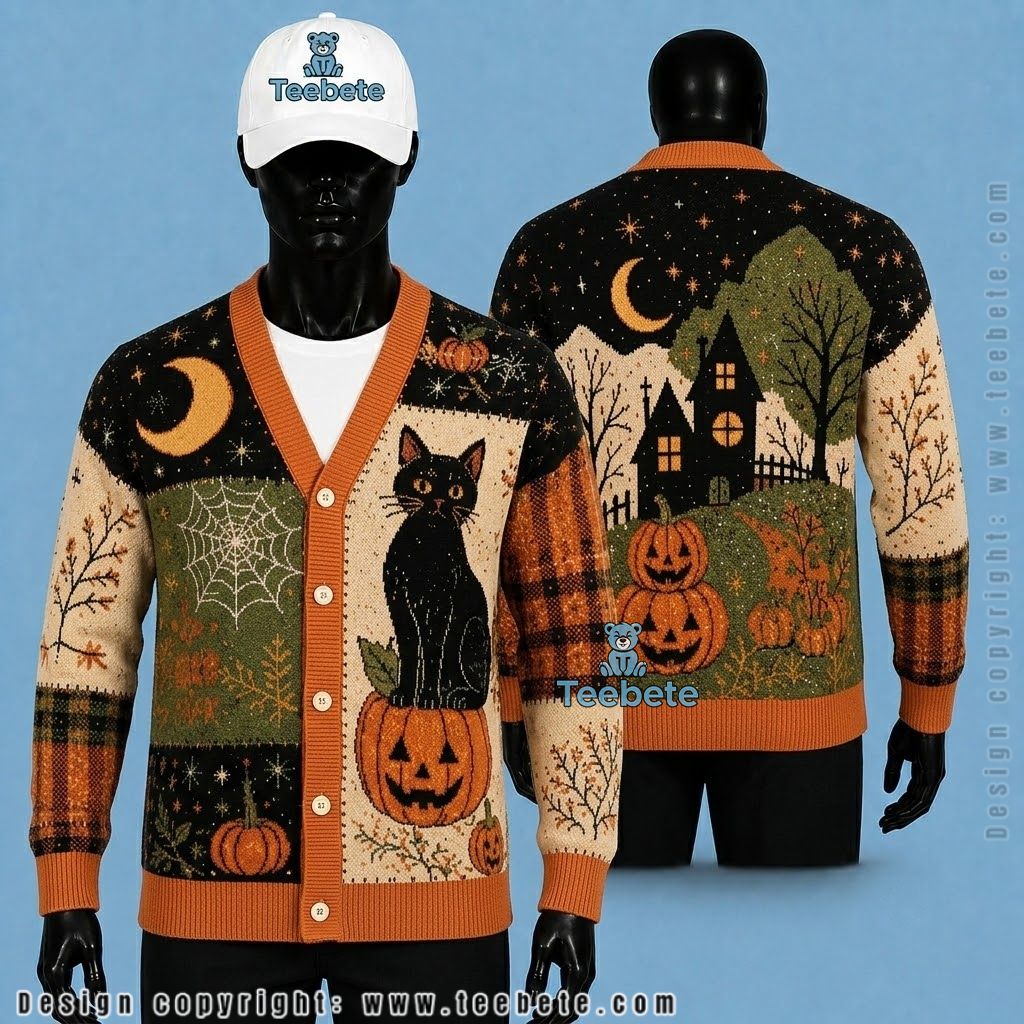 Rustic Halloween Cardigan Haunted Black Cat House