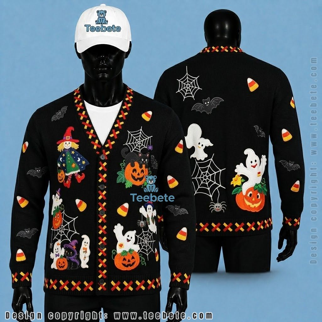 Scarecrow Halloween Cardigan Cat, Ghost And Pumpkin