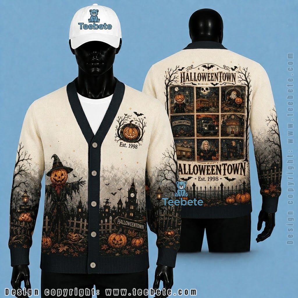 Scarecrow Halloween Cardigan Pumpkin Head And Fence