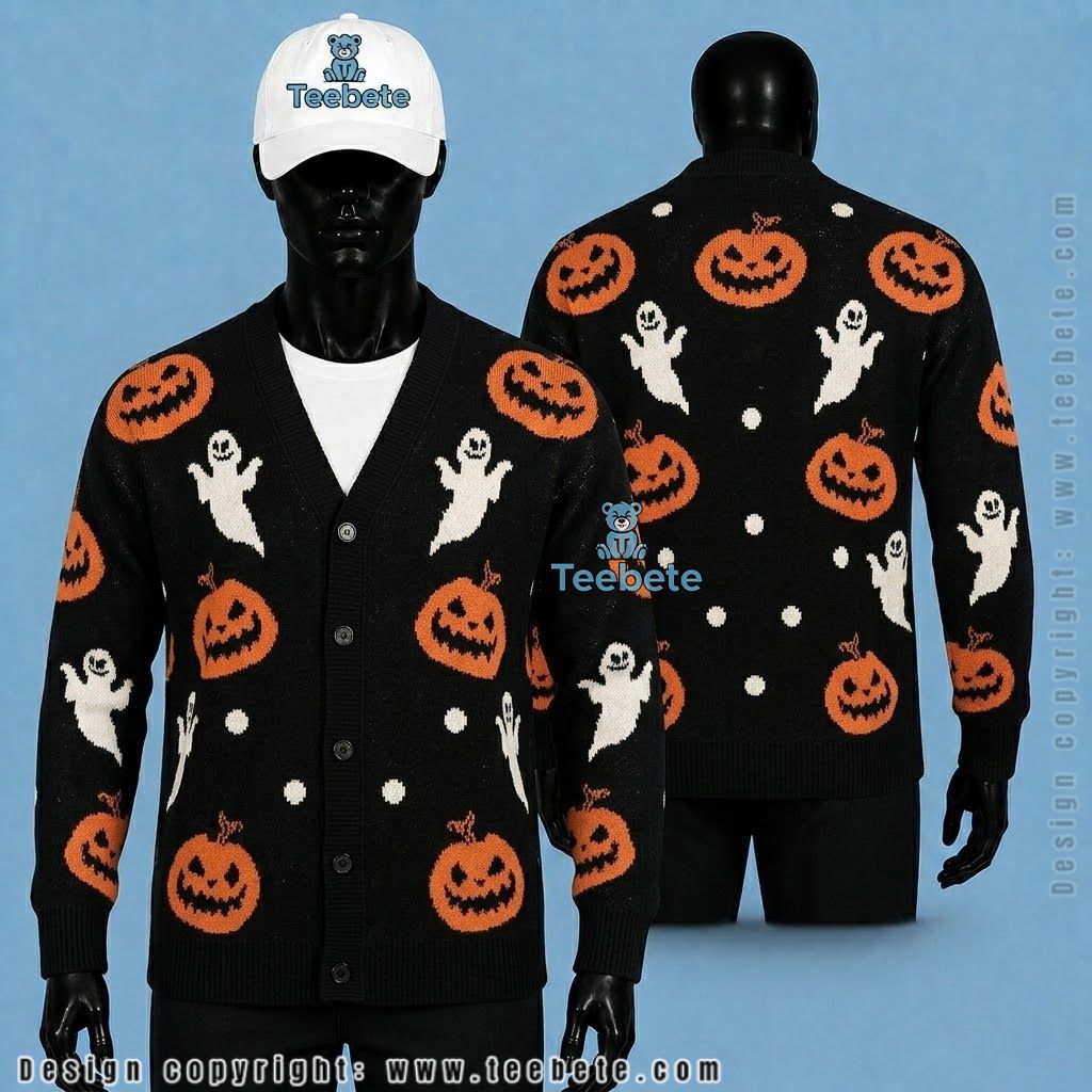 Simple Halloween Cardigan Ghost Pumpkin Print