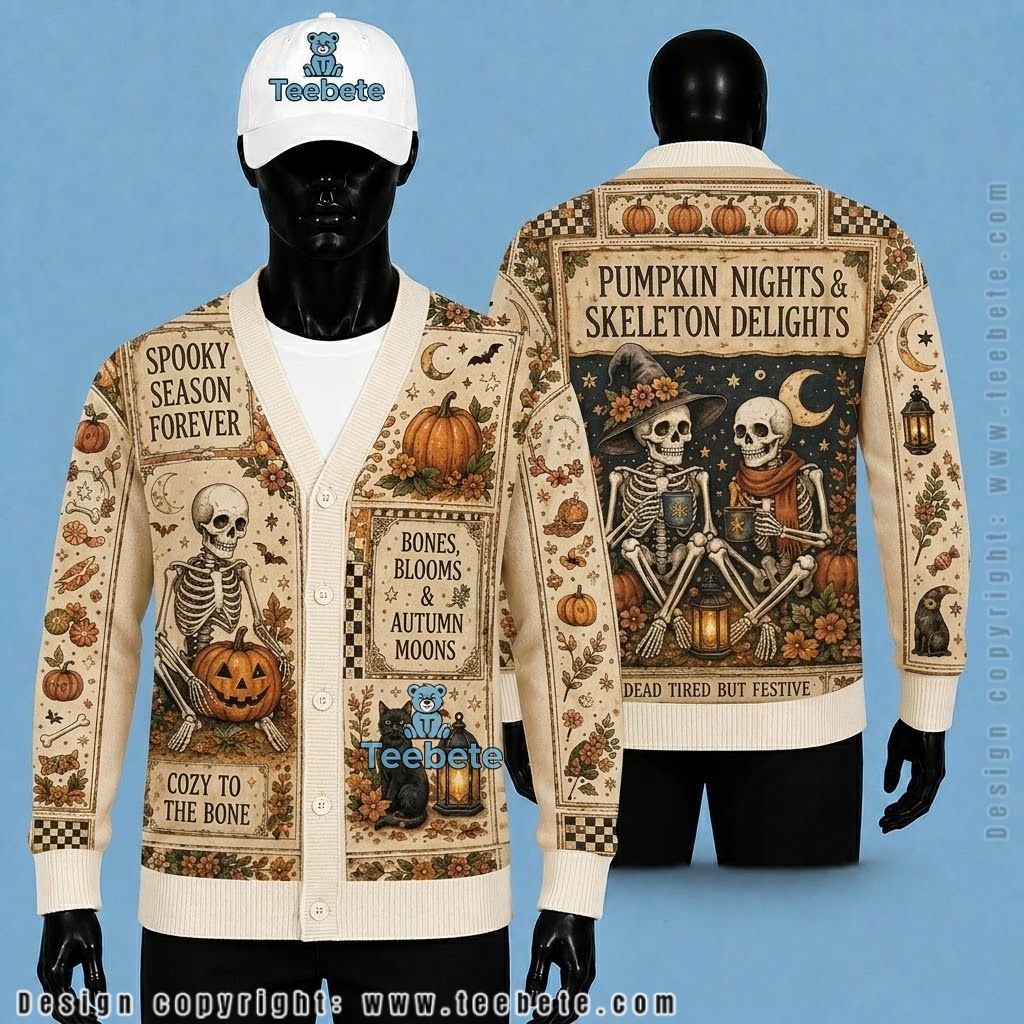 Skeleton Halloween Cardigan Autumn Pumpkin Night