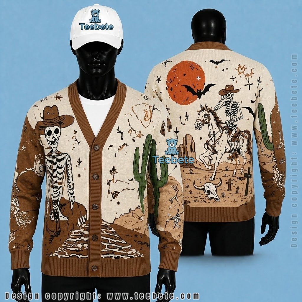 Skeleton Halloween Cardigan Desert Cowboy Ranch