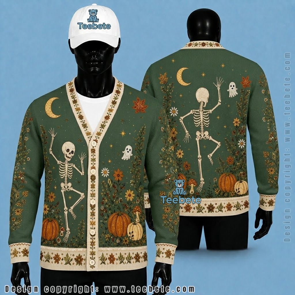 Skeleton Halloween Cardigan Moonlit Floral Botanicals