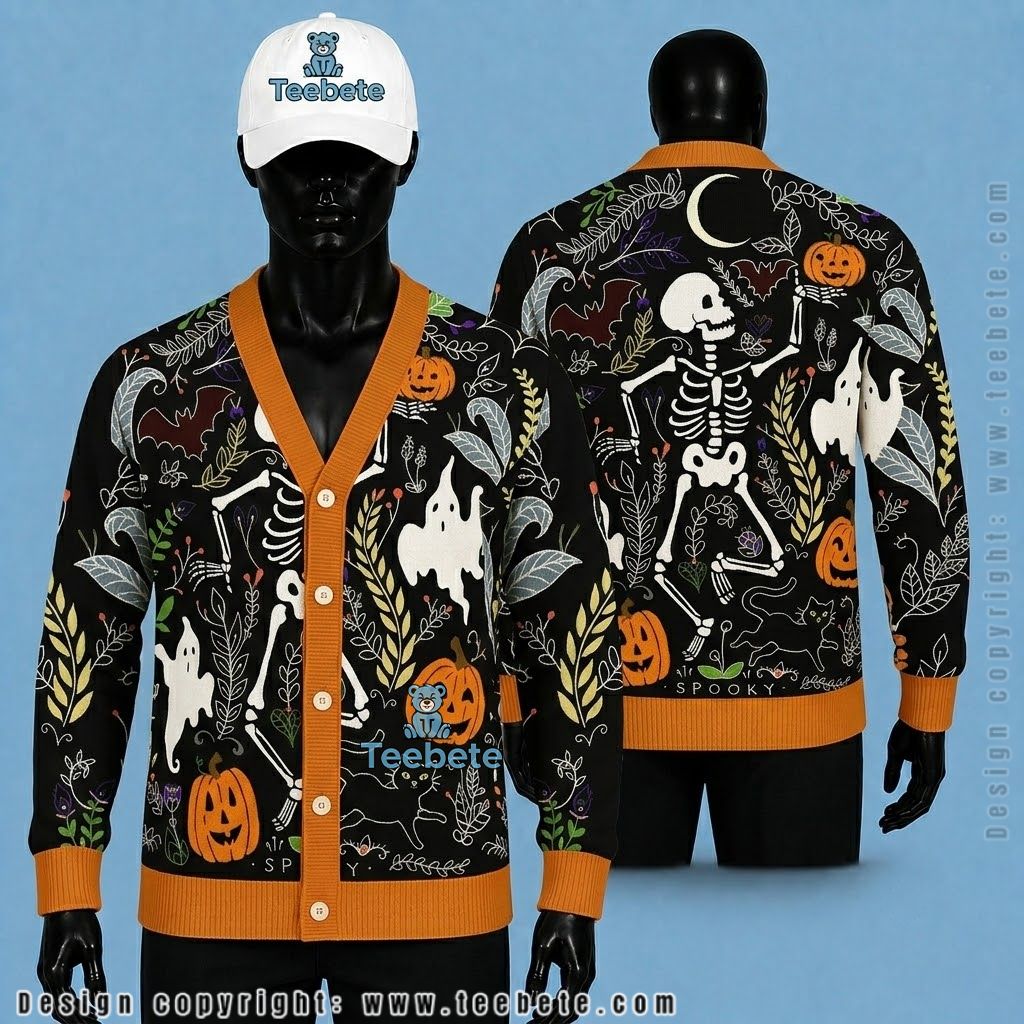 Skeleton Halloween Cardigan Spooky Botanical Black Cat