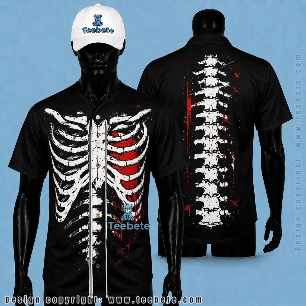 Skeleton Rib Cage Halloween Baseball Jersey Black White
