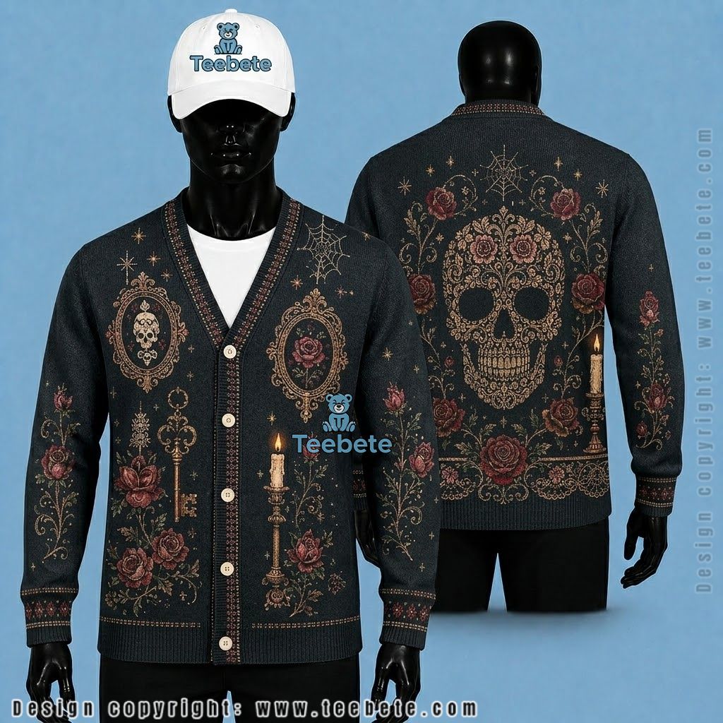 Skull Halloween Cardigan Gothic Rose And Candle