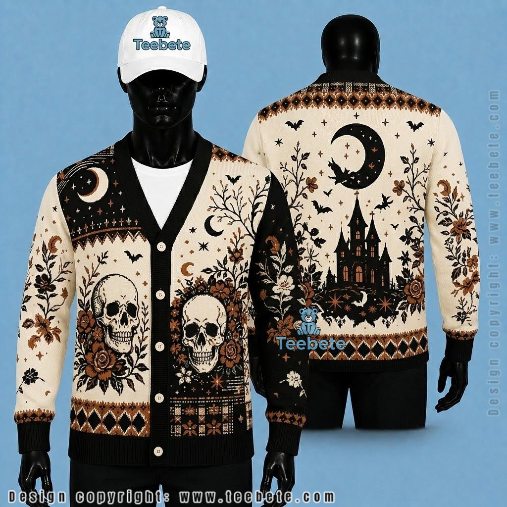 Skull Halloween Cardigan Haunted Castle Floral
