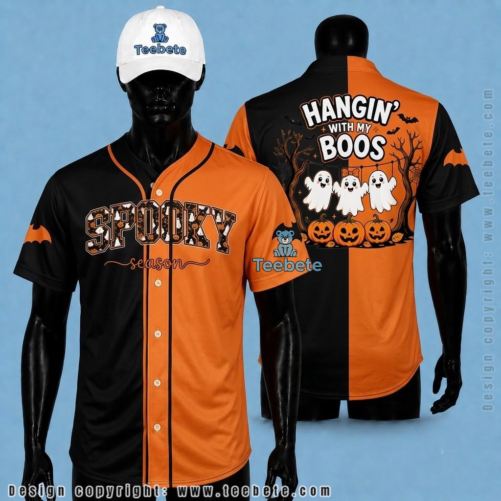 Spooky Season Halloween Baseball Jersey Ghost Boos Orange Black