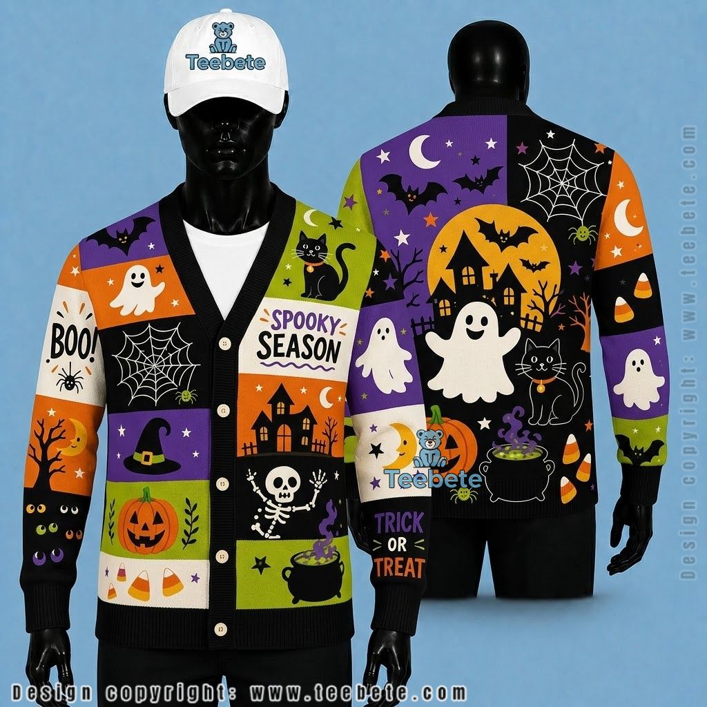 Haunted House Halloween Cardigan Black Cat Pathway