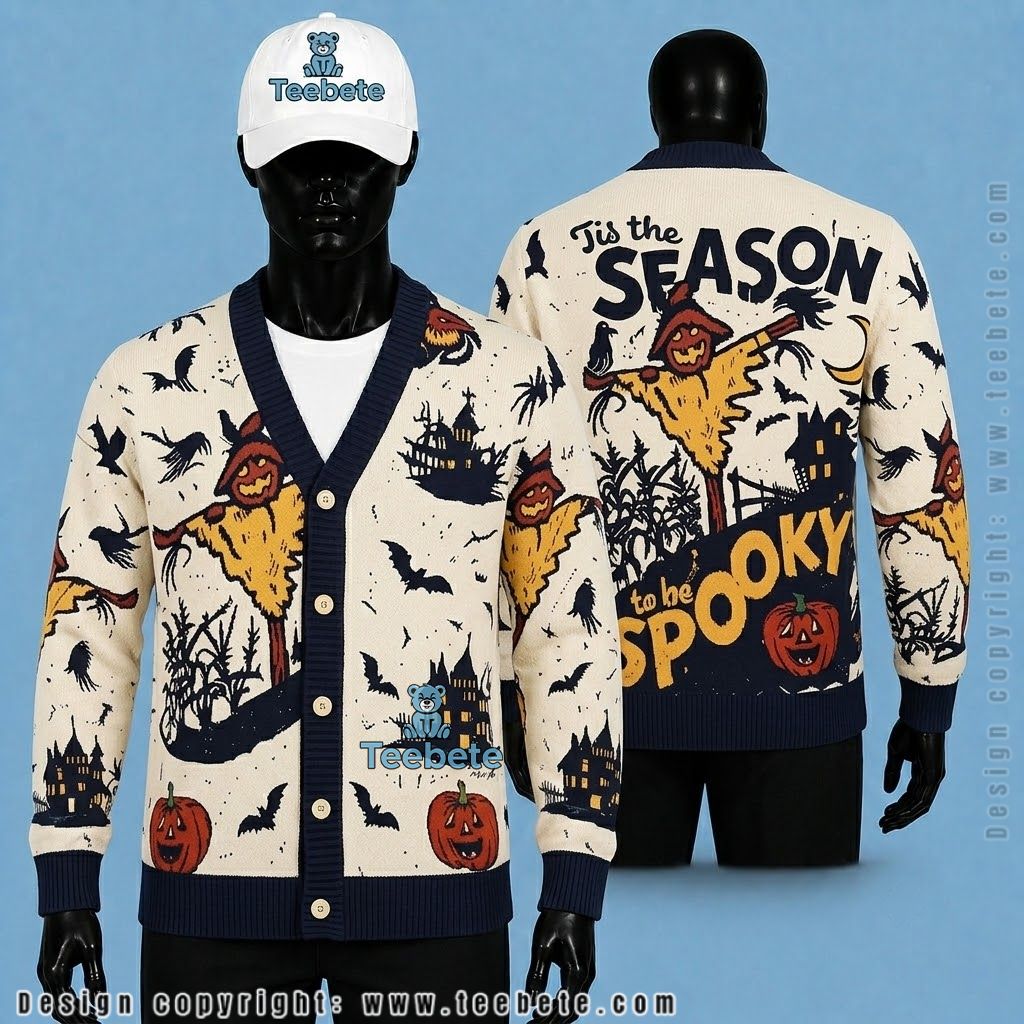 Tis Season Halloween Cardigan Scarecrow And Pumpkin