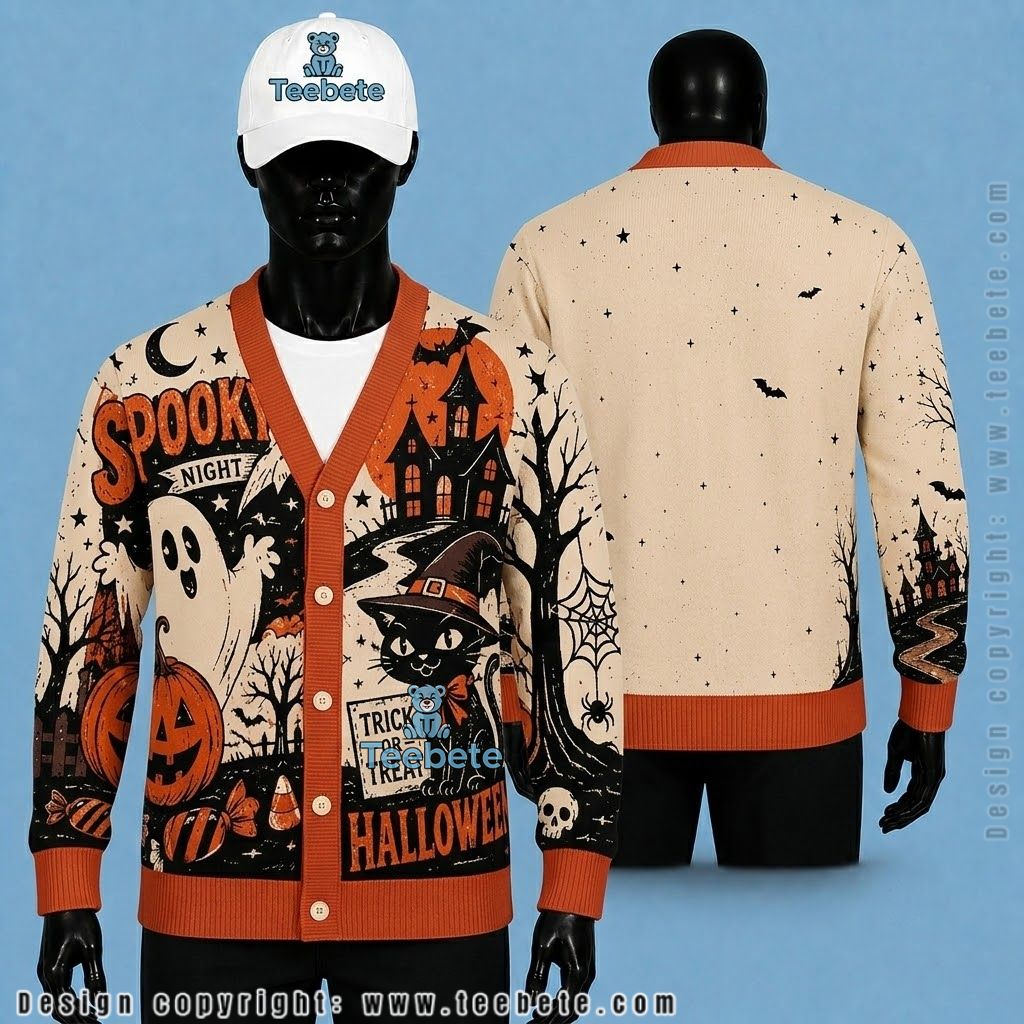 Vintage Poster Halloween Cardigan Black Cat Ghost