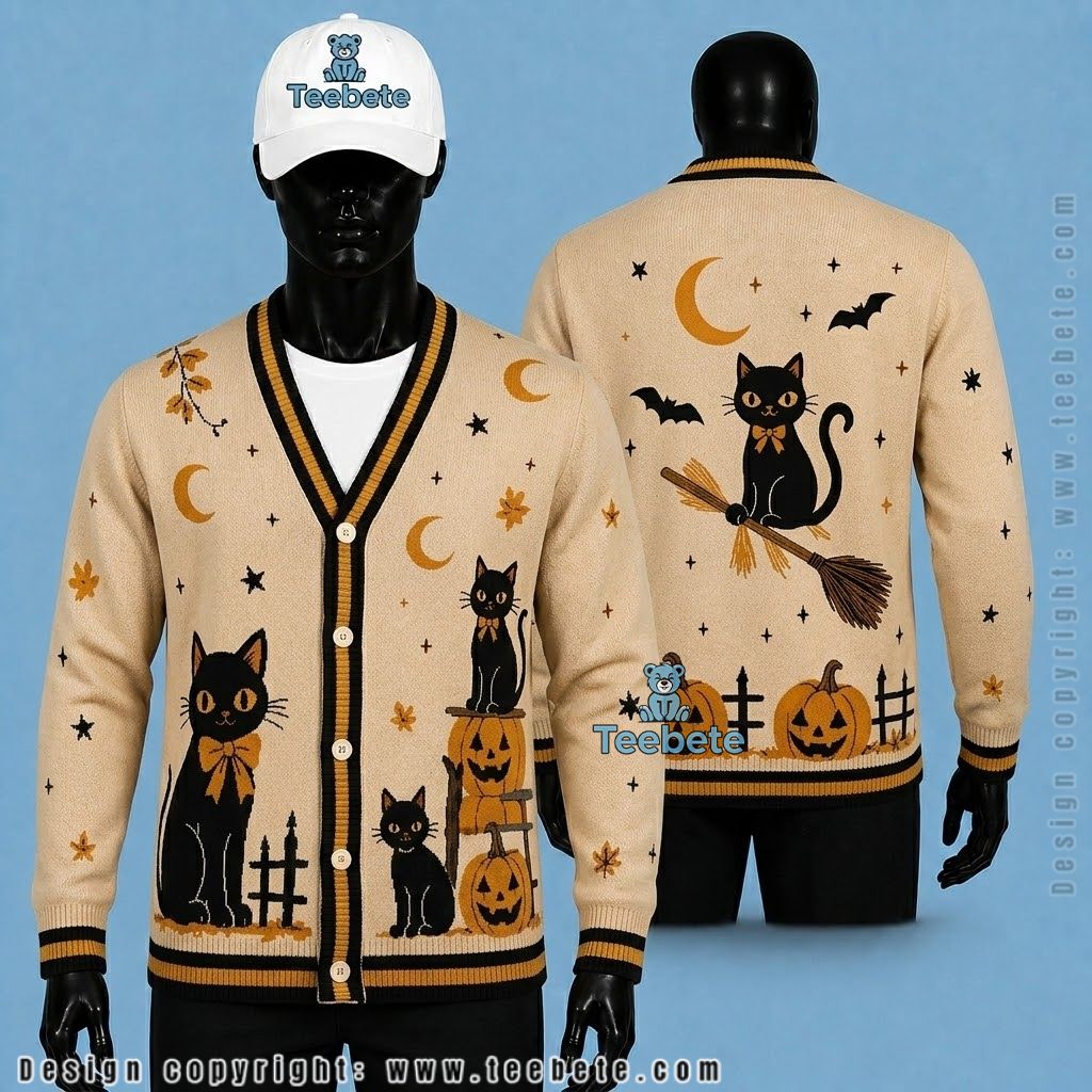Witch Halloween Cardigan Black Cat And Broom