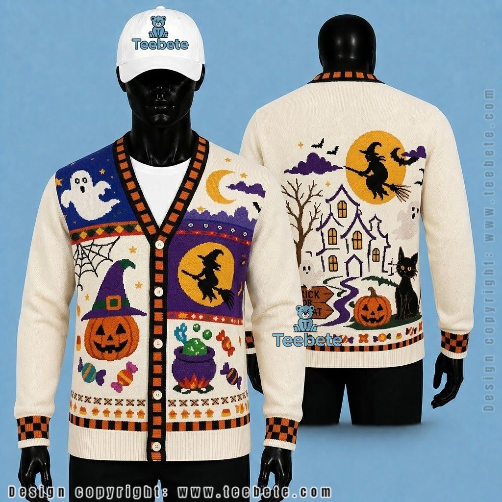 Witch Halloween Cardigan Cat And Haunted House