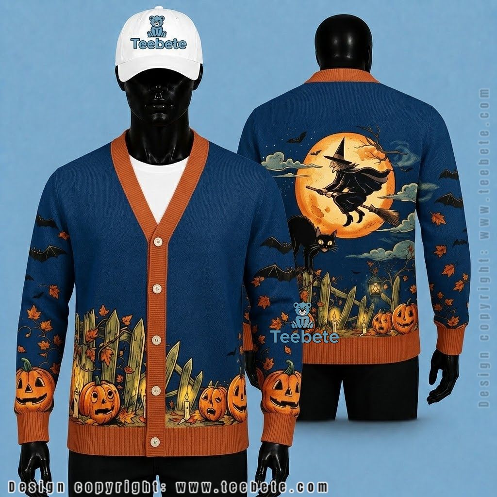 Witch Halloween Cardigan Moonlit Pumpkin Garden
