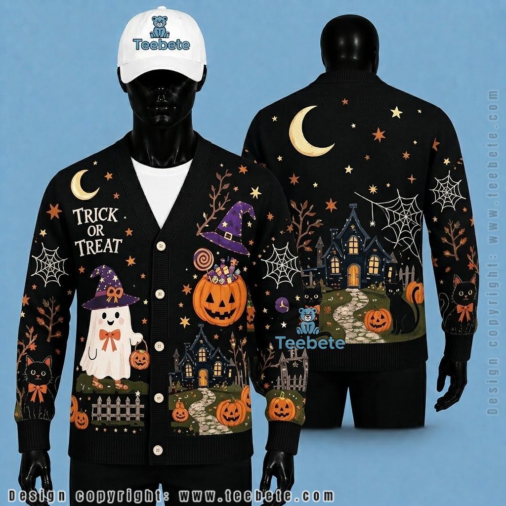 Trick Or Treat Halloween Cardigan Witch And Cauldron