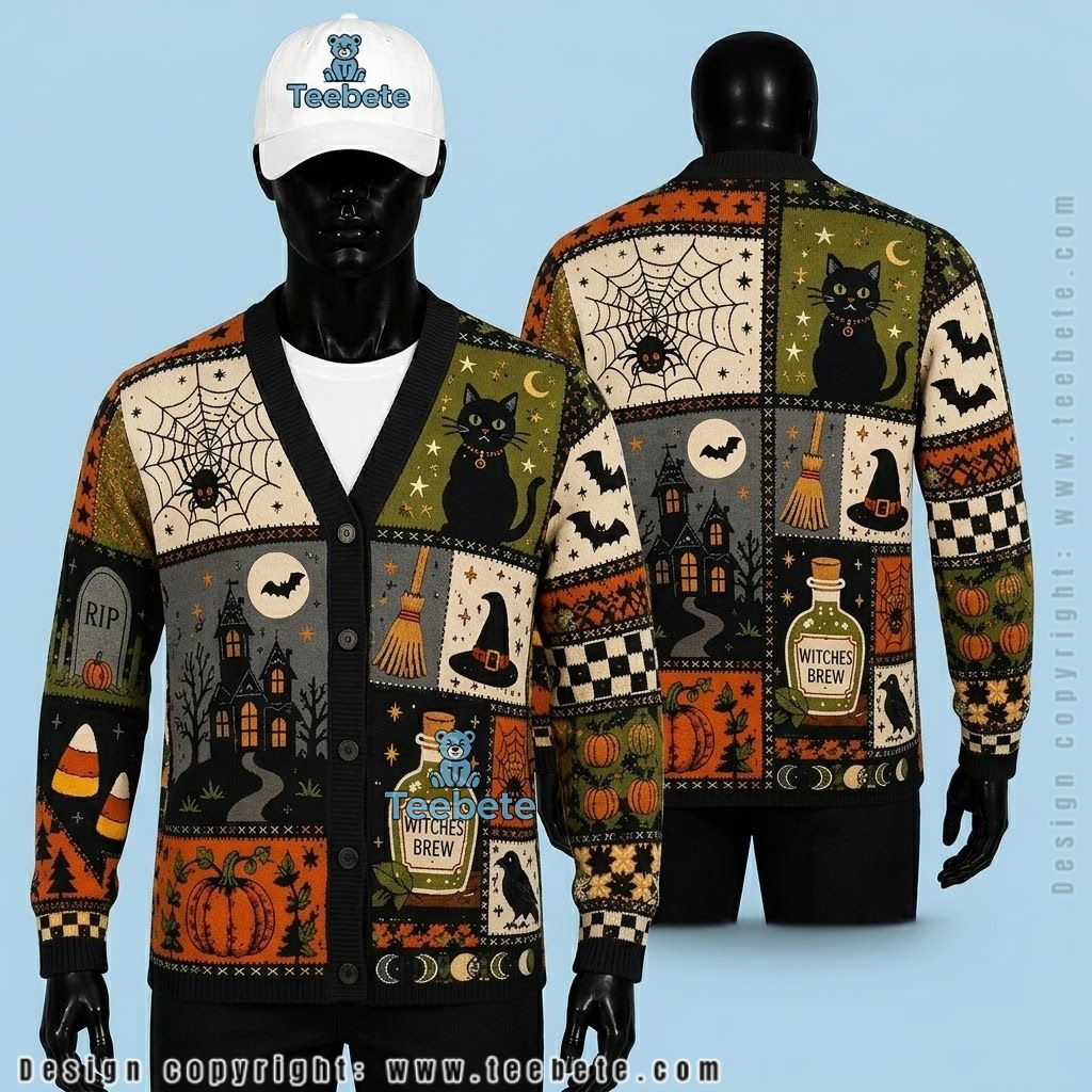 Witches Brew Halloween Cardigan Black Cat And Spider