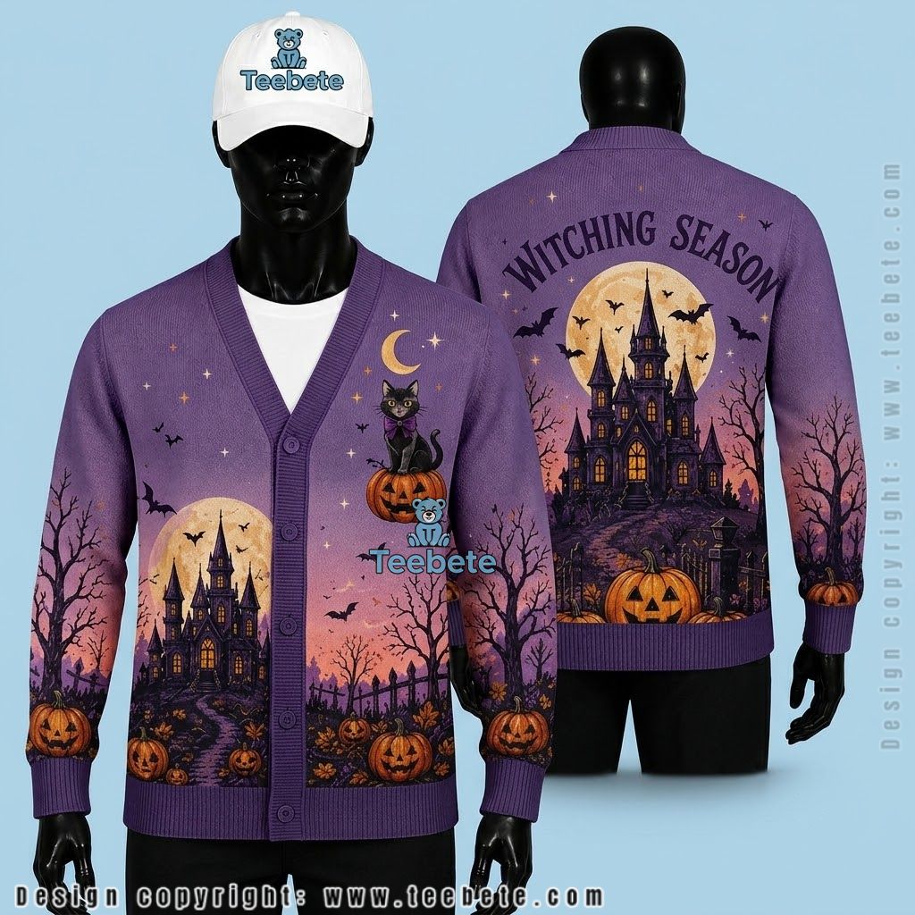 Witching Season Halloween Cardigan Castle Cat