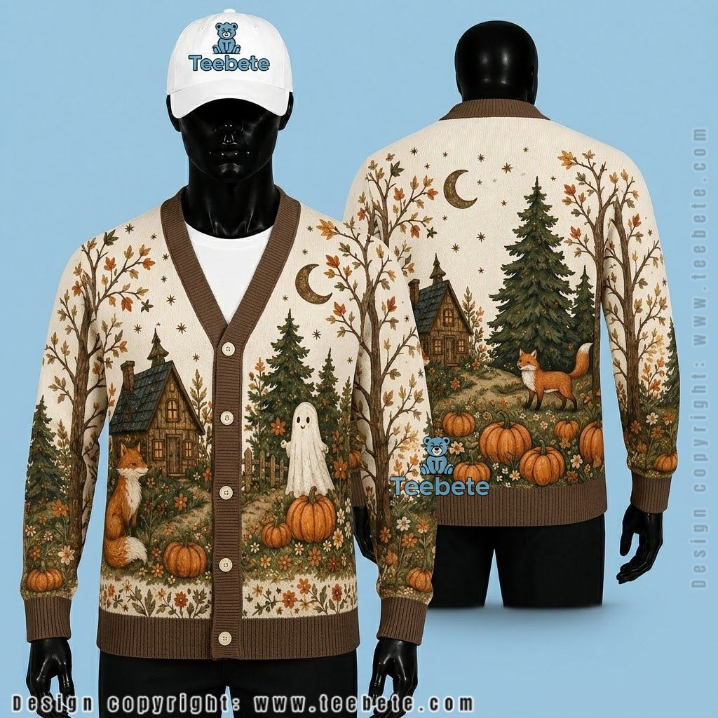 Woodland Halloween Cardigan Fox, Ghost And Cottage