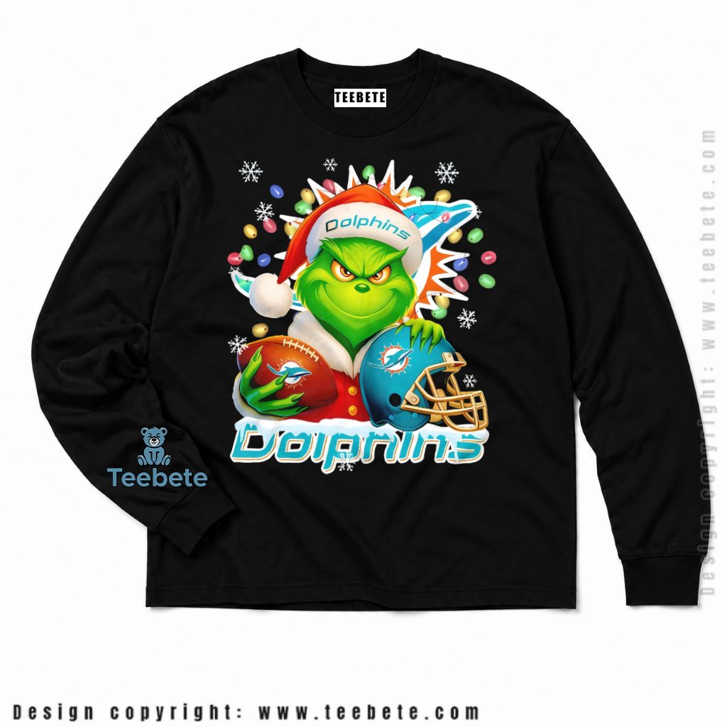 Miami Dolphins Grinch Holiday Lights Long Sleeve Miami Dolphins Grinch Holiday Lights Long Sleeve