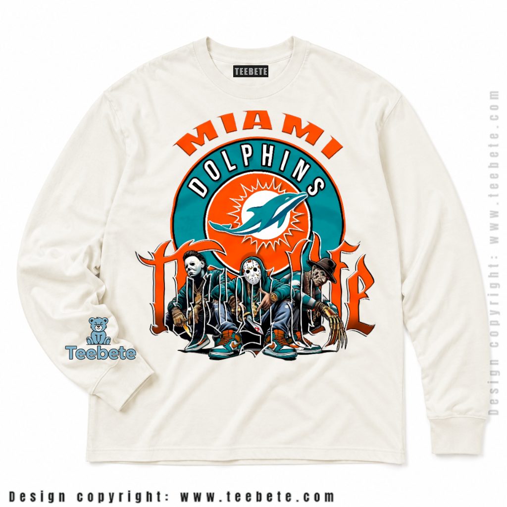 Miami Dolphins Horror Icons Halloween Fan Long Sleeve Miami Dolphins Horror Icons Halloween Fan Long Sleeve