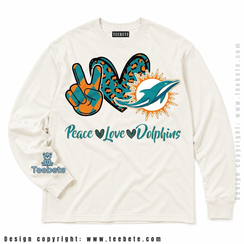Miami Dolphins Peace Love Leopard Print Long Sleeve Miami Dolphins Peace Love Leopard Print Long Sleeve