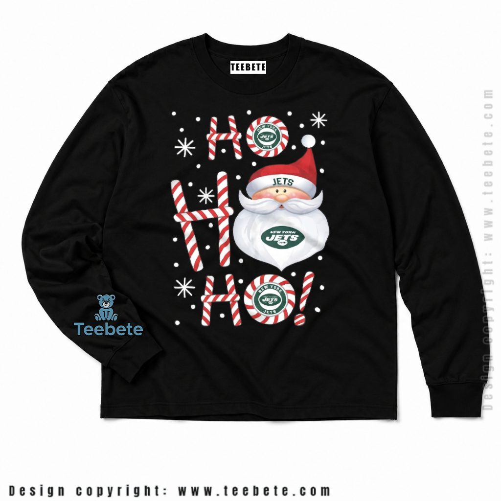 New York Jets Santa Ho Ho Ho Candy Cane Long Sleeve New York Jets Santa Ho Ho Ho Candy Cane Long Sleeve