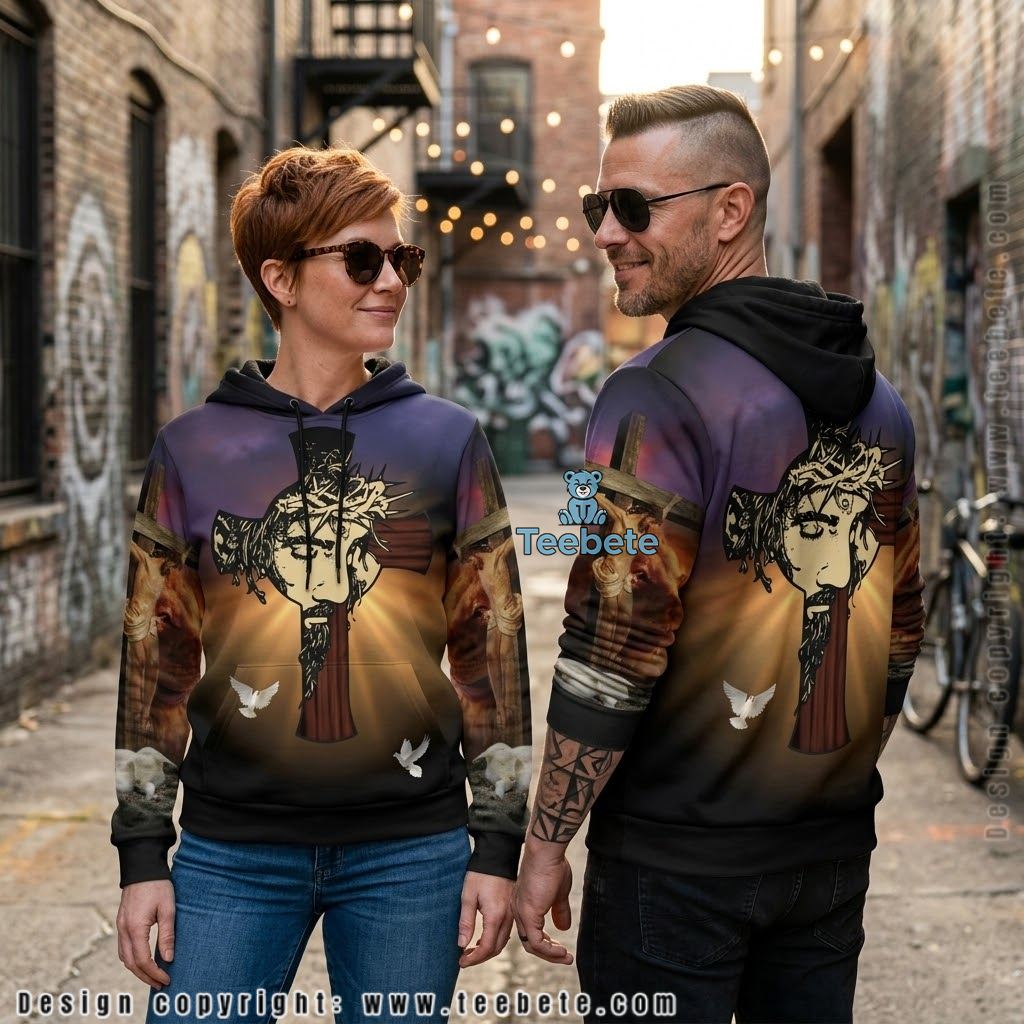 Jesus Cross Face Dove Sunset All Over Print 3D Hoodie