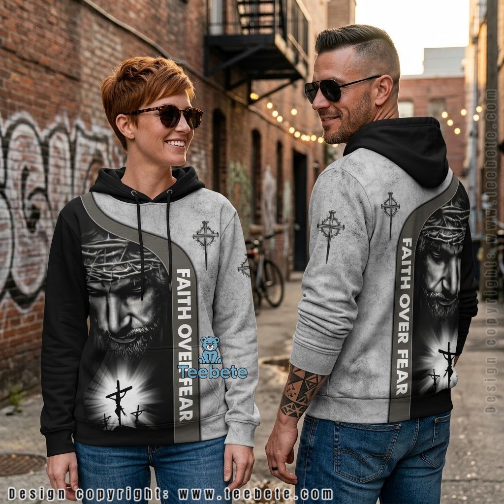 Jesus Faith Over Fear Grayscale All Over Print 3D Hoodie