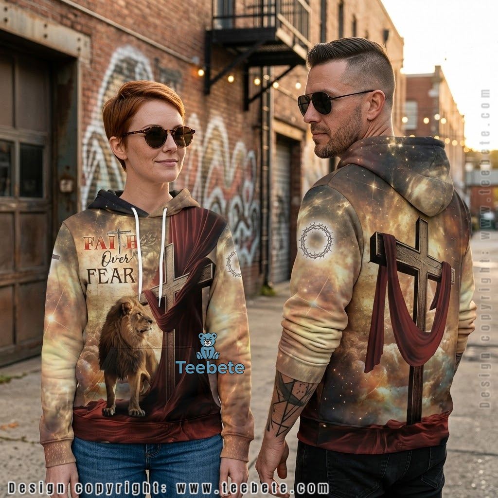 Jesus Faith Over Fear Lion Red Curtain 3D Hoodie