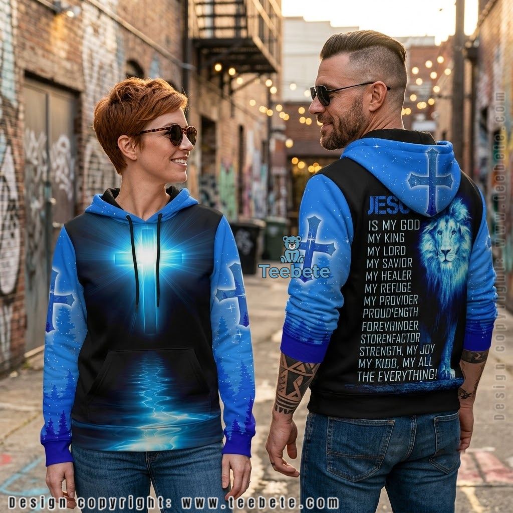 Jesus Glowing Cross Blue Lion Forest 3D Hoodie