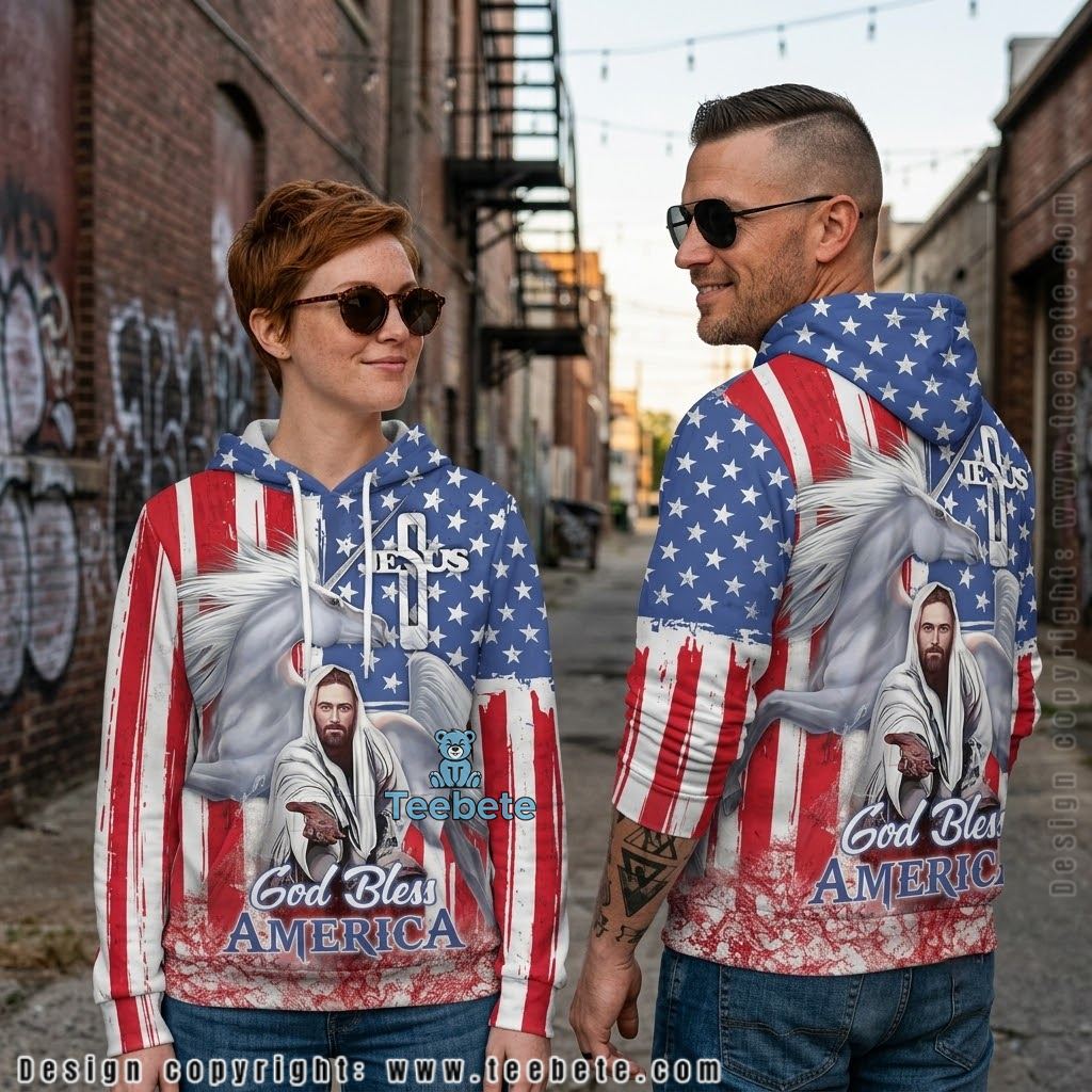 Jesus God Bless America Unicorn Flag All Over Print 3D Hoodie