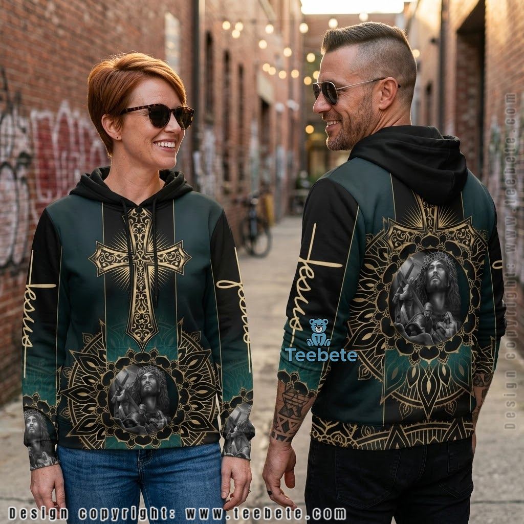 Jesus Gold Cross Mandala Emerald All Over Print 3D Hoodie