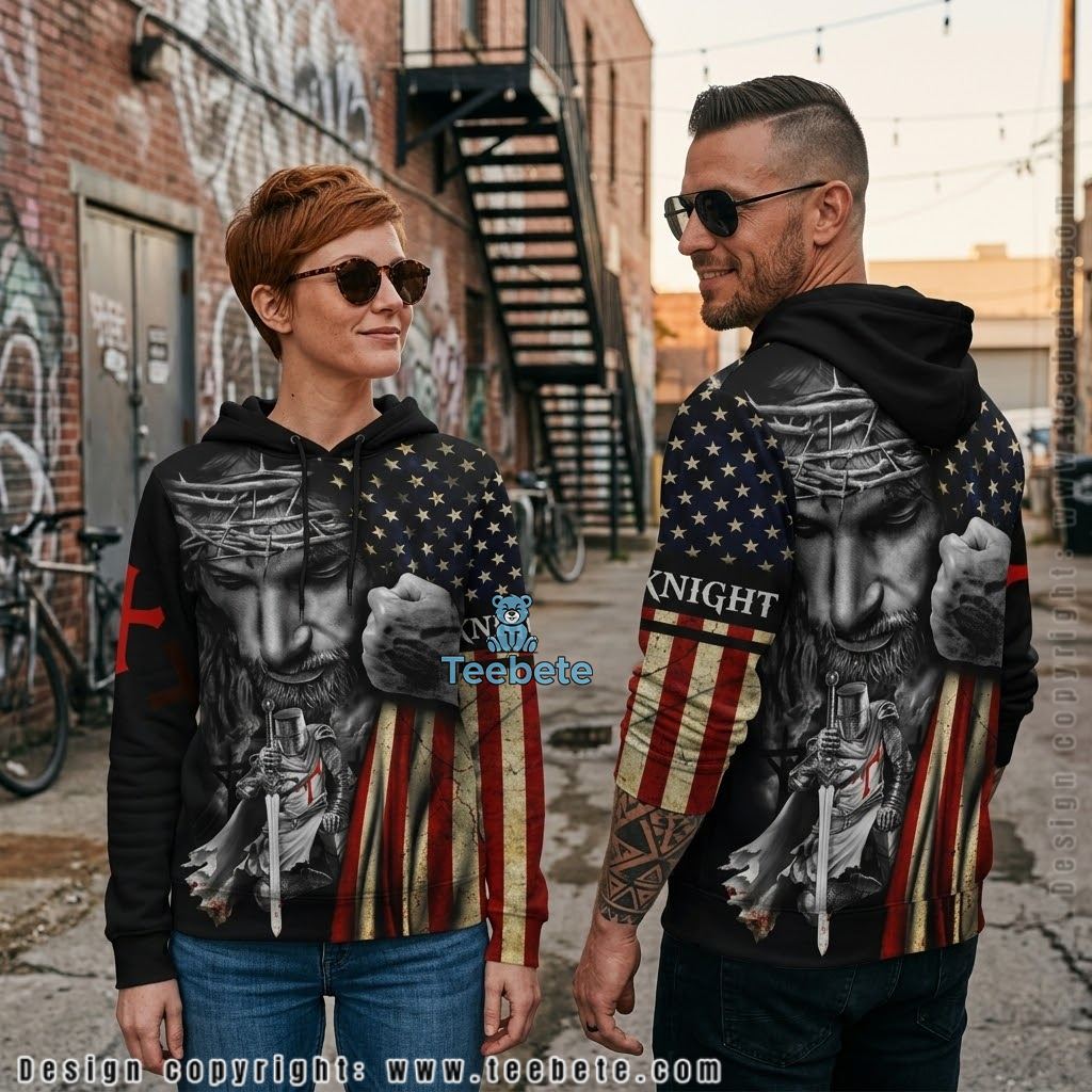 Jesus Knight Templar American Flag All Over Print 3D Hoodie