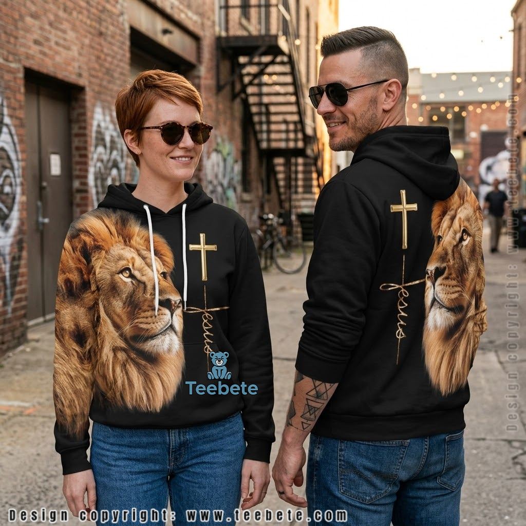 Jesus Lion Gold Cross Black 3D Hoodie