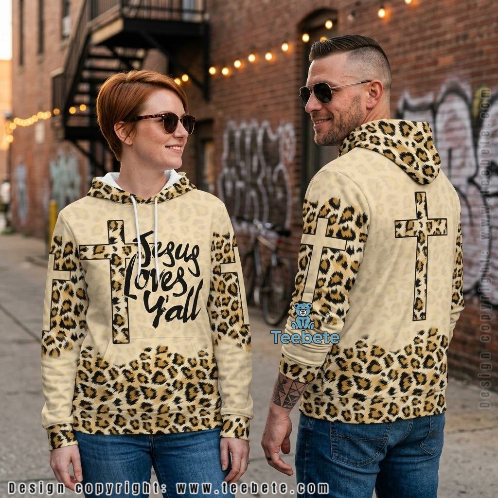 Jesus Loves Y’all Leopard Print All Over Print 3D Hoodie