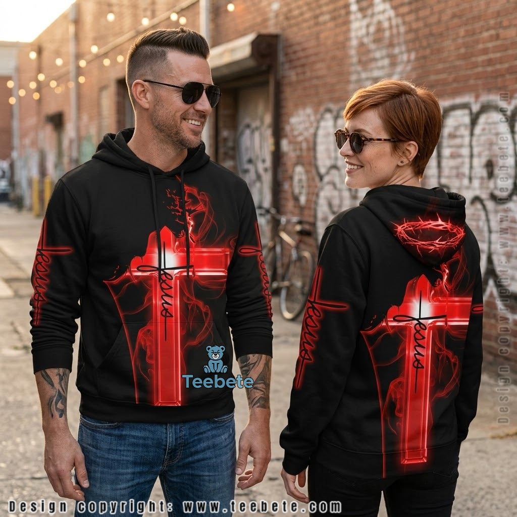 Jesus Neon Cross Red Smoke Black 3D Hoodie