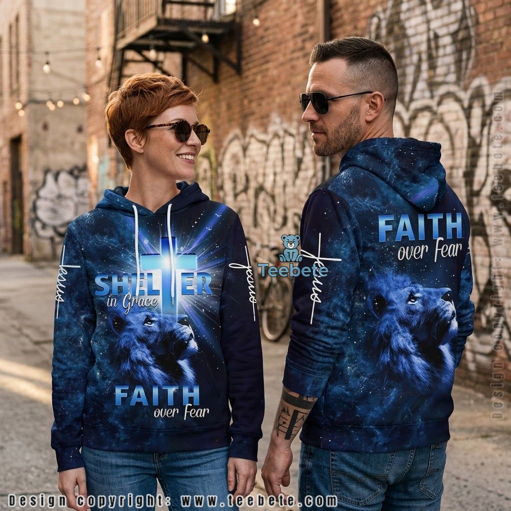 Jesus Shelter In Grace Blue Lion All Over Print 3D Hoodie