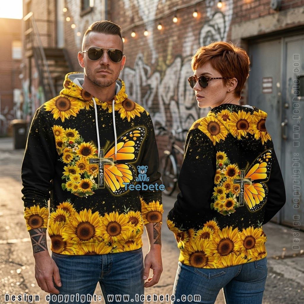 Jesus Sunflower Butterfly Faith Cross 3D Hoodie