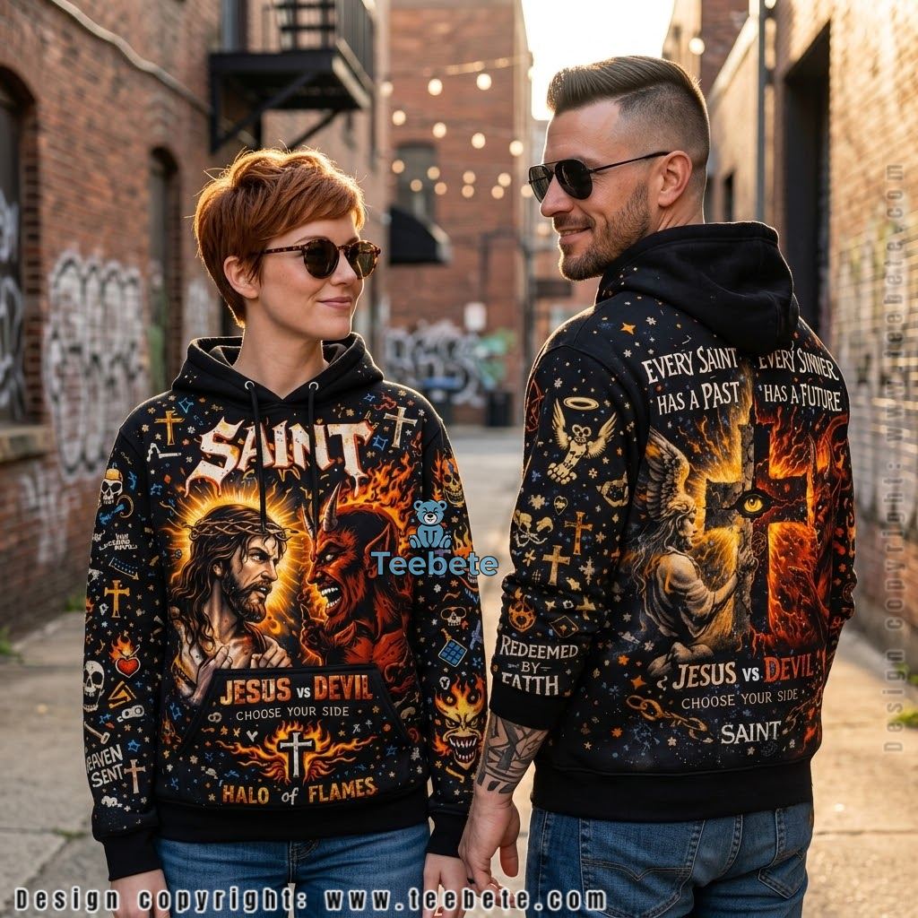 Jesus Vs Devil Halo Flames All Over Print 3D Hoodie