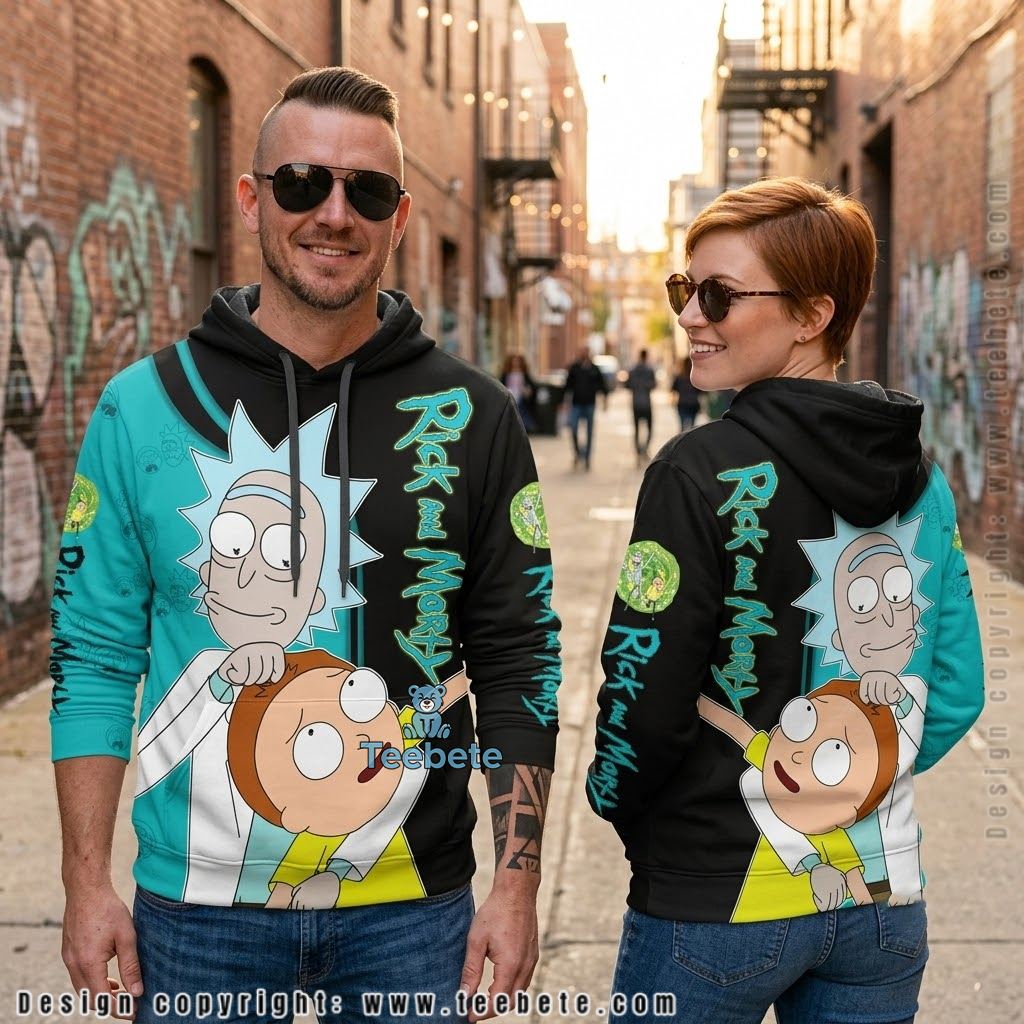 Rick And Morty Teal Black Split Design All Over Print 3D Hoodie